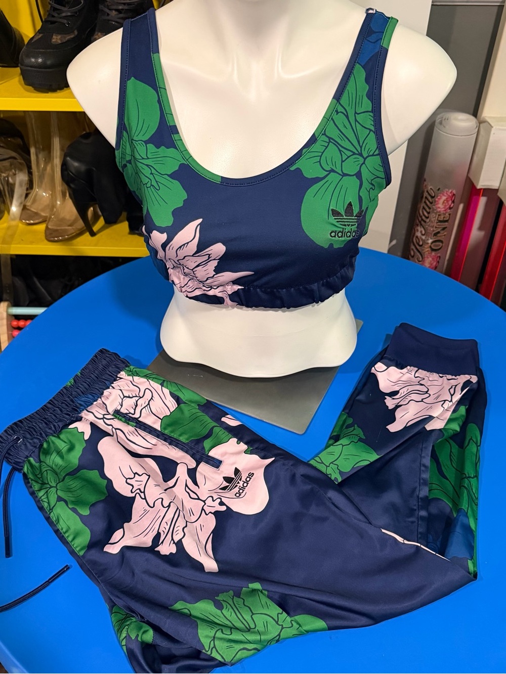 adidas Originals Navy Floral Crop Top & Joggers Set - Pink & Green M